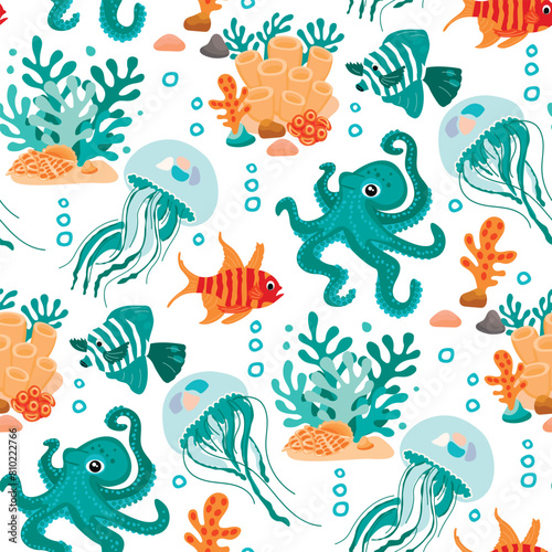 Underwater wildlife seamless pattern with ocean inhabitants.Colorful fish  jellyfish  octopus shell and coral on white background.Cartoon vector design for printing on fabric and paper banner cover.