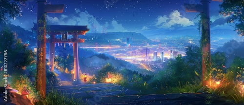 A starry night casts a magical glow over a torii gate and distant cityscape.