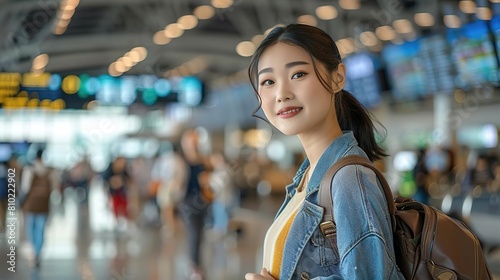 A young woman standing in an airport, smiling. She is wearing a denim jacket and a backpack. photo