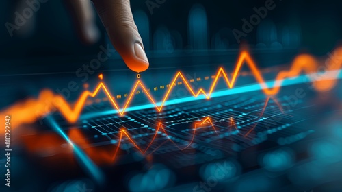 Close up of hand pointing at glowing business chart. Stock, market and trade concept. Can be used for advertising, marketing or presentation.