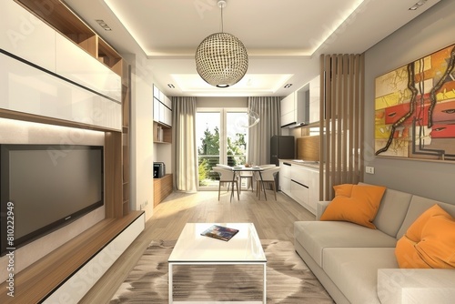 Modern living room with seamless connection to fully equipped kitchen and balcony with outdoor view