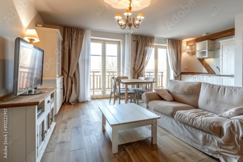 Cozy  well-appointed living room featuring a large sofa  modern tv  wooden floors  and ample natural light from balcony doors