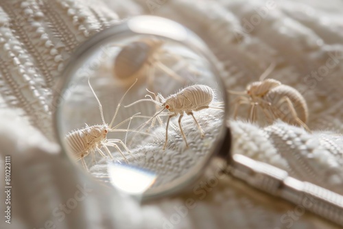 Macro shot of dust mites crawling on a textured fabric surface viewed through a round magnifying glass
