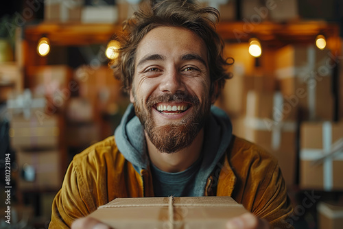 A delighted individual tracking their package's journey, feeling a sense of anticipation and excitement with each update. Concept of joyful package tracking. Generative Ai. photo