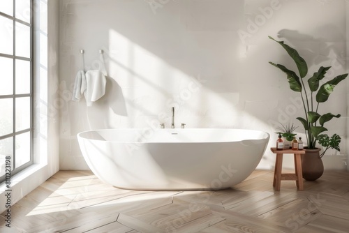 Serene spa-like bathroom featuring a freestanding bathtub bathed in natural light from a large window