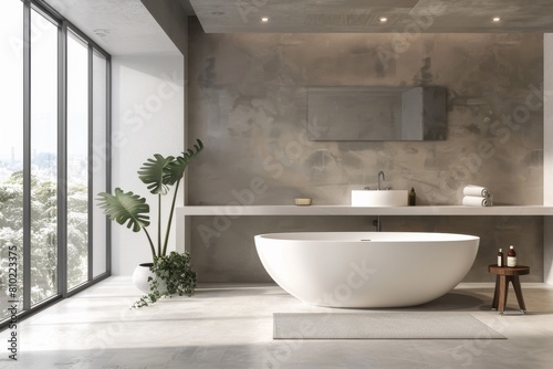 Stylish minimalist bathroom with a freestanding bath  cityscape view from large window  and elegant decor in soft natural light