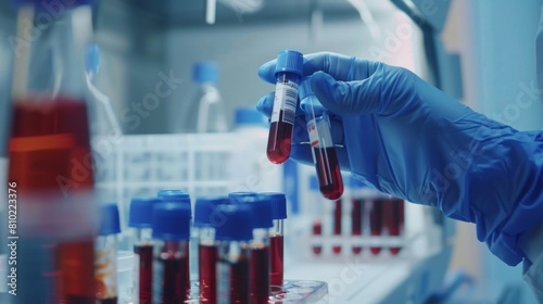 Close-up of a gloved hand holding a blood sample in a test tube in a lab.