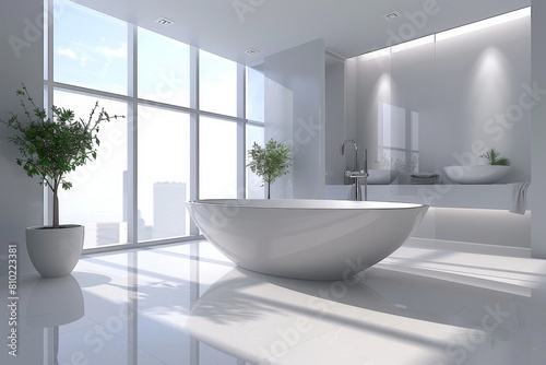 Elegantly designed modern bathroom featuring a freestanding bathtub  large windows  and a city view  bathed in abundant natural sunlight