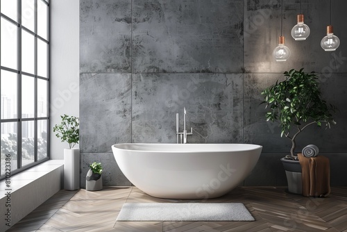 Elegant modern bathroom featuring a white freestanding bathtub  concrete walls  large window  and indoor plants for a luxurious home spa feel