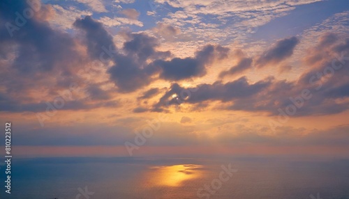 a serene and peaceful scene of the sun setting over a vast expanse of sky filled with fluffy clouds