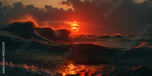 wallpaper representing a red sun setting over the ocean. reddish atmosphere