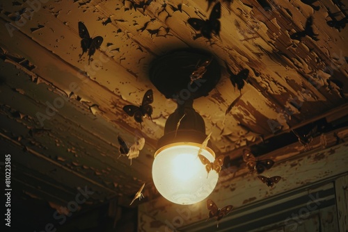 Moths swarming around an old-fashioned light bulb in a dark, rustic setting at night due to its warm glow © ChaoticMind