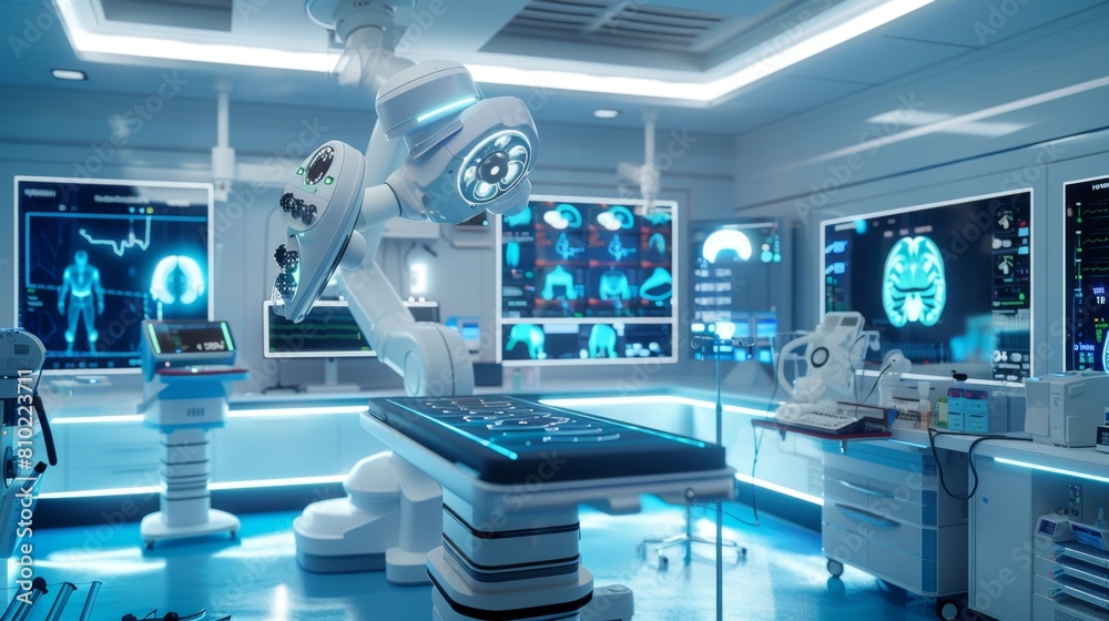 High-tech robotic surgical equipment in a state-of-the-art medical operating room. High-tech robotic surgical equipment in a state-of-the-art medical operating room.
