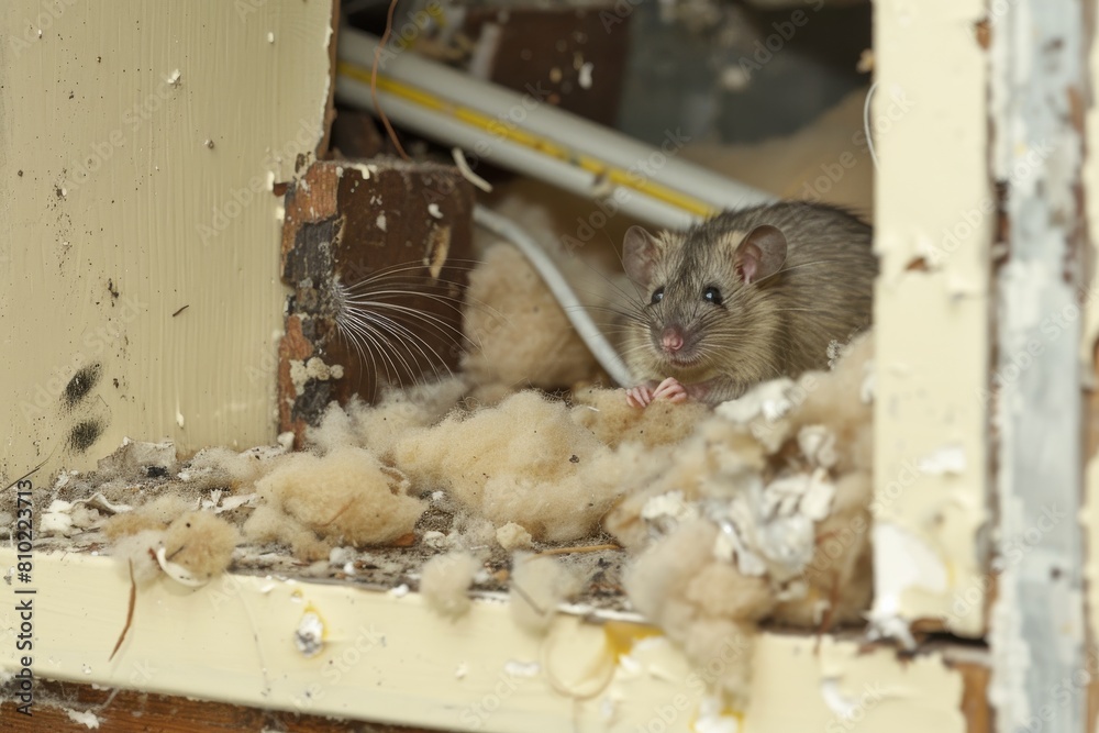 Brown rat nests within house insulation, gnawing on wires, highlighting ...