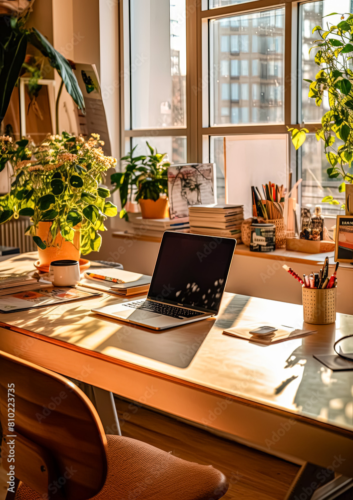 A laptop is on a desk in front of a window with plants. The desk is cluttered with books, pens, and a cup. Concept of productivity and creativity, as the laptop