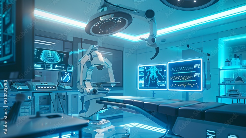 A contemporary surgical room featuring a robot performing a medical procedure.