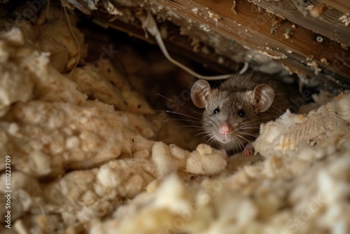 Curious rat cautiously emerges from torn insulation in a dim attic, peering out with bright eyes at the surrounding environment