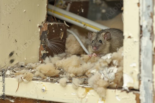 Brown rat nests within house insulation, gnawing on wires, highlighting the common issues of rodent infestations in residential areas photo