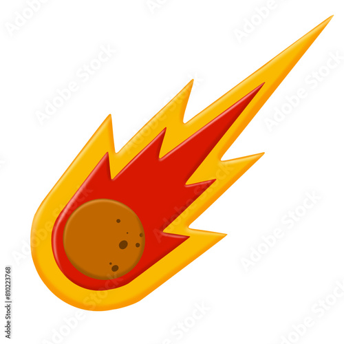 Meteor with trail of fire. Celestial object. Flying in sky. Cartoon flat illustration. Comet with tail. Dangerous space object. Big asteroid. Stars and astronomy