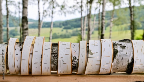 birch bark strips arranged in a lengthwise horizontal arrangement in a nature themed background photo