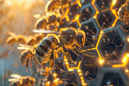 Digital illustration featuring a cluster of metallic bees on a hexagonal, tech-inspired honeycomb in a glowing, golden setting © ChaoticMind