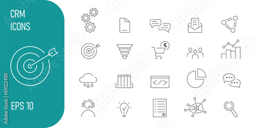 A set of CRM icons. Customer relationship management system. Icons: cloud storage, sales funnel, purchases, data, communication, sales department, communication and others