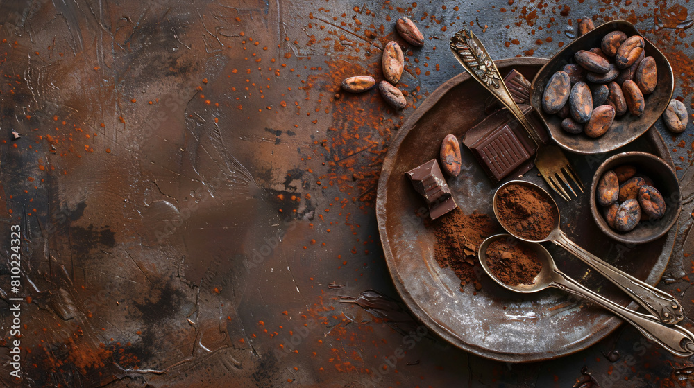 Plate and spoons with cacao beans and chocolate on gru