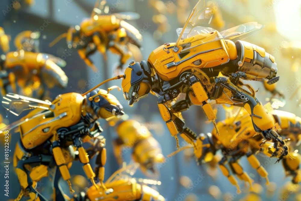 Futuristic robotic bees demonstrating advanced automation in ecological technology and artificial pollination swarm