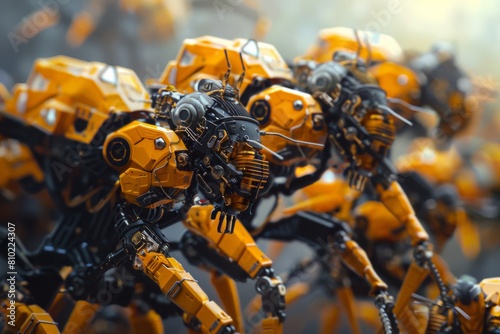 Impressive visual of a team of futuristic yellow robots moving in unison, suggesting cutting-edge technology and ai capabilities photo