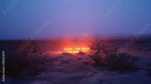 Neon Text Art In Dreamy Landscapes. Love like Jesus text on the background of sunset in the desert.