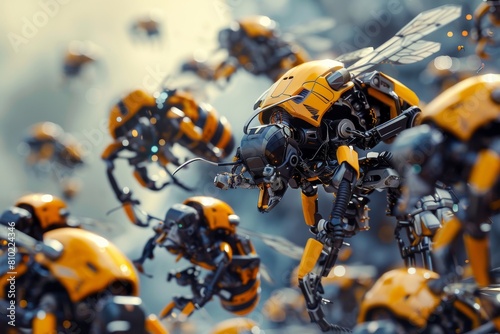 Vivid yellow digital illustration of a complex swarm of advanced robotic bees with intricate mechanics, set against a blurred background © ChaoticMind