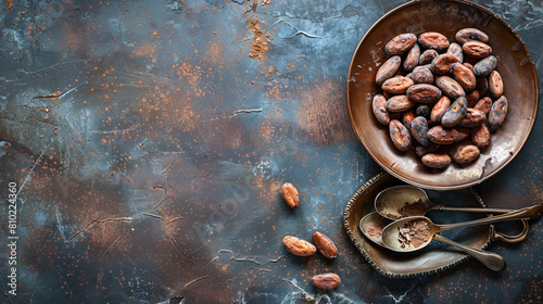 Plate and spoons with cacao beans and chocolate on gru photo