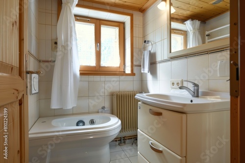 Cozy wooden bathroom featuring a jacuzzi tub  white towel  and natural light creating a serene spa atmosphere