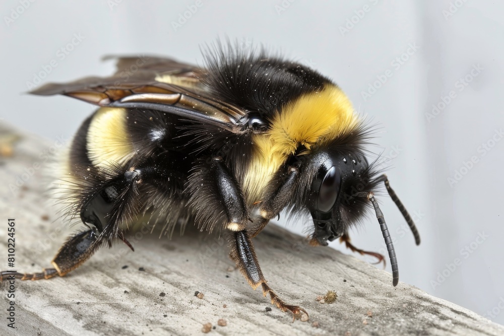 Detailed macro image of a fuzzy bumblebee resting, showcasing its intricate wings and vibrant yellow and black body on a wooden surface Detailed macro image of a fuzzy bumblebee resting, showcasing its intricate wings and vibrant yellow and black body on a wooden surface