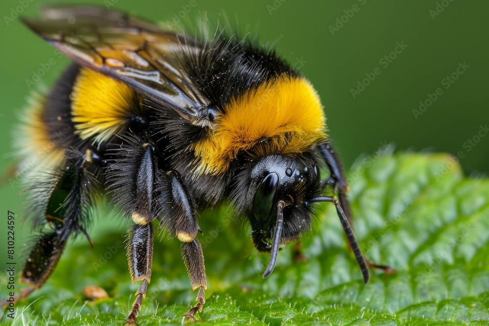 Macro photo of a colorful bumblebee with intricate wings perched on the intricate surface of a lush green leaf Macro photo of a colorful bumblebee with intricate wings perched on the intricate surface of a lush green leaf