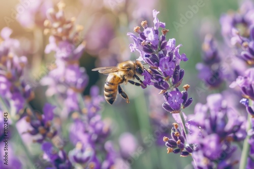 Close-up shot capturing a honeybee on lavender blooms with detailed wings and soft  sunlit garden background in springtime