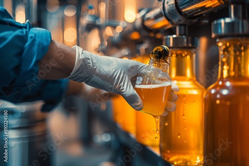 Hand in glove inspecting beer bottle in modern brewery with machinery in the background