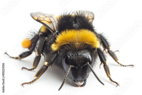Close-up macro photograph of a bumblebee with intricate wing structure and vibrant colors, isolated on a white background