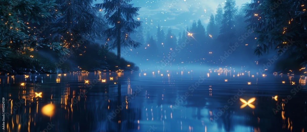 Fototapeta premium Magical Forest with Glowing Fireflies Over Serene Lake, Night Scene and Reflective Water, Mystical Atmosphere
