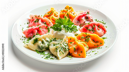 Plate of boiled colorful dumplings with sour cream