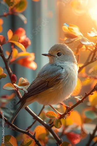 A small bird is perched on a branch of a tree with leaves that are orange and yellow. The bird is looking up at the camera, and the scene is peaceful and serene photo