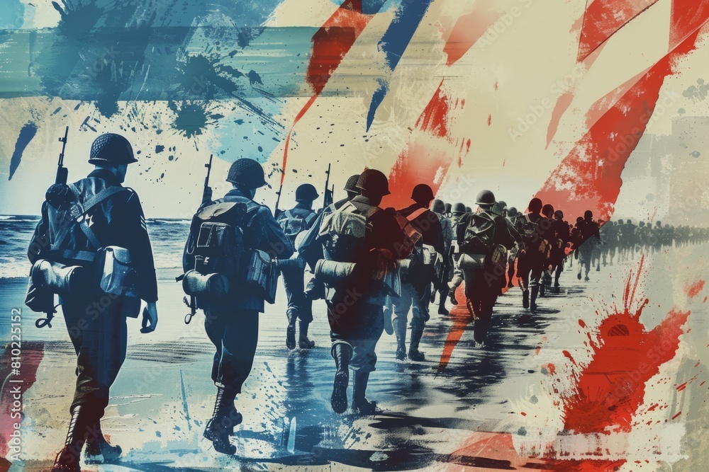 Military Art with Soldiers Marching, War Collage and Abstract Painting, Historic Military and Dramatic Illustration