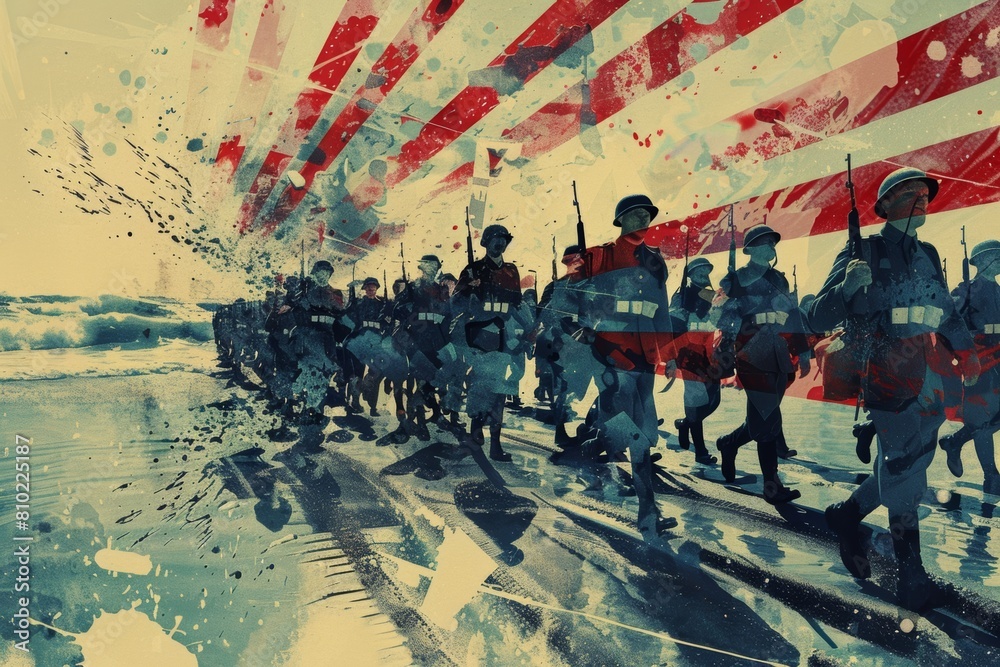 Fototapeta premium Military Art with Soldiers Marching, War Collage and Abstract Painting, Historic Military and Dramatic Illustration