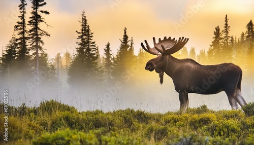 horizontal banner silhouette of moose standing on meadow in forrest silhouette of animal trees grass magical misty landscape fog green and yellow illustration bookmark © Deven