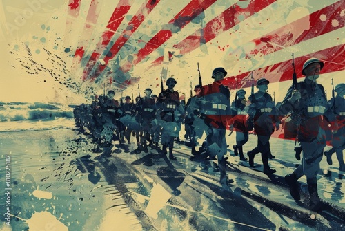 Military Art with Soldiers Marching, War Collage and Abstract Painting, Historic Military and Dramatic Illustration