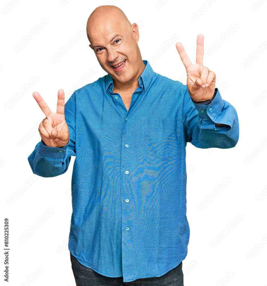 Middle age bald man wearing casual clothes smiling with tongue out showing fingers of both hands doing victory sign. number two.