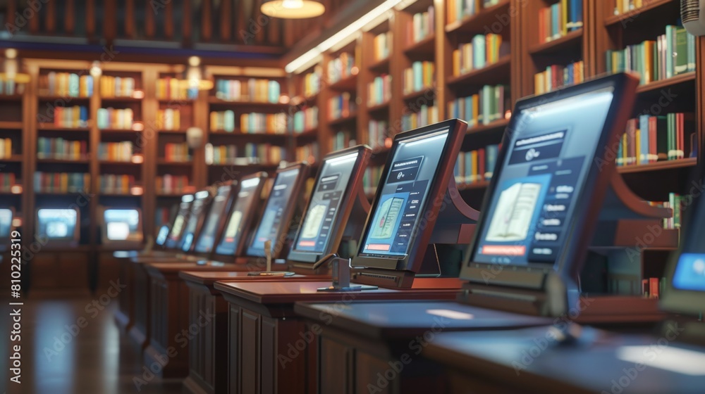 Sleek modern library with rows of digital kiosks against a backdrop of books. Sleek modern library with rows of digital kiosks against a backdrop of books.