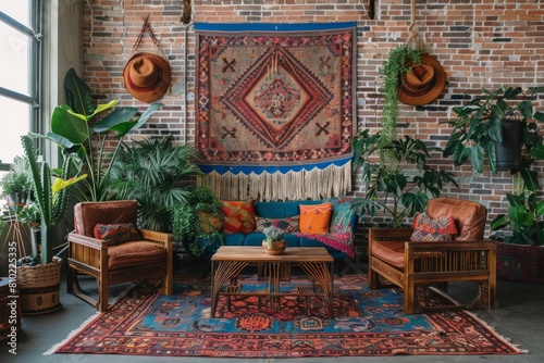 Bohemian Chic Lounge Area: Vibrant colors, layered textiles, eclectic furniture, macrame wall hanging, indoor plants