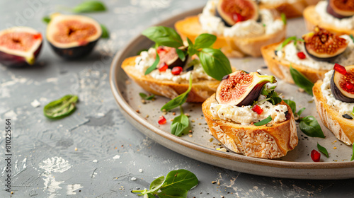 Plate of tasty bruschettas with cream cheese and figs