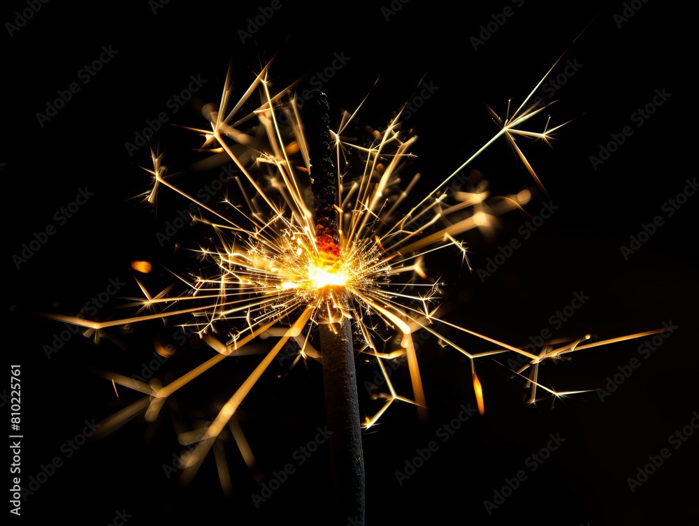 Immerse yourself in the mesmerizing beauty of a close-up shot capturing a sparkling sparkler, radiating bright sparks against a deep black backdrop